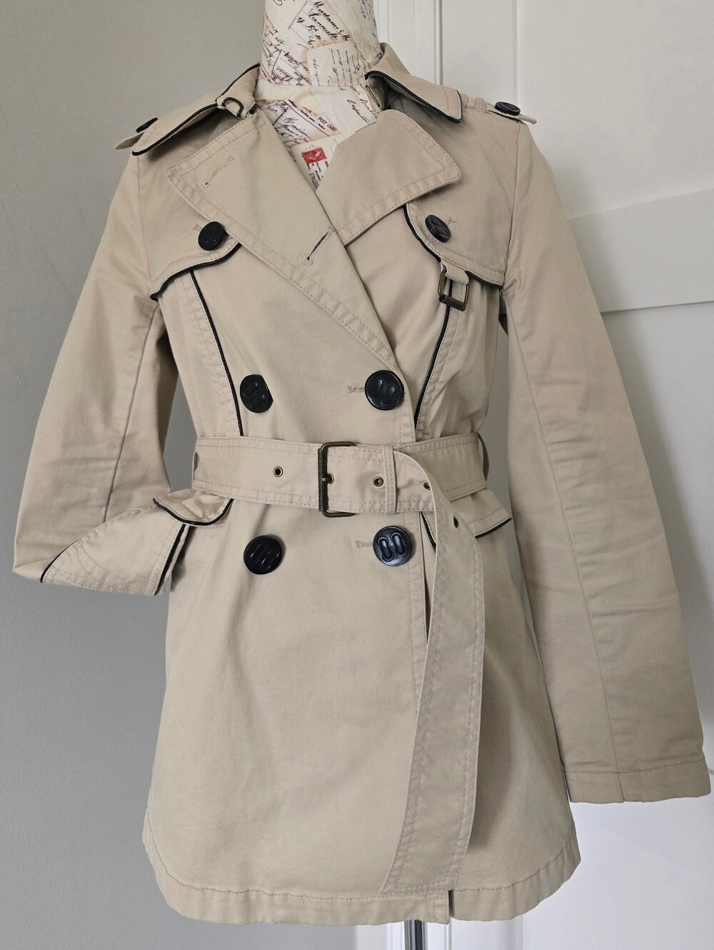 Juicy Couture Beige Trench Coat with Black Trim, Size Small